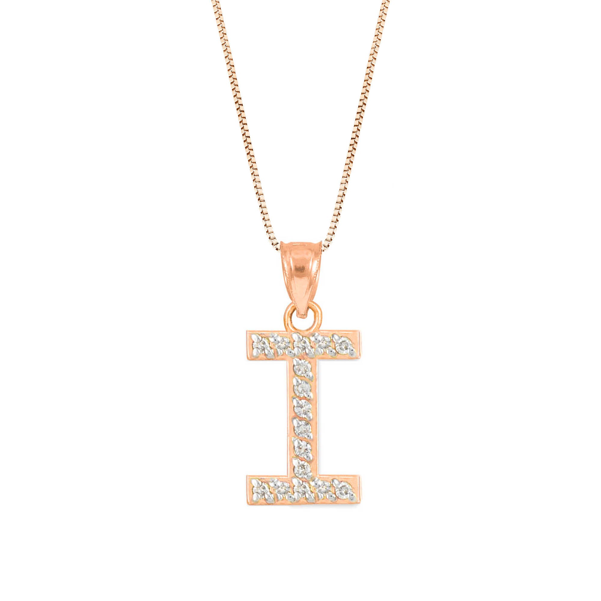 Letter I Diamond Embellished Drop Pendant Necklace in 9ct Rose Gold