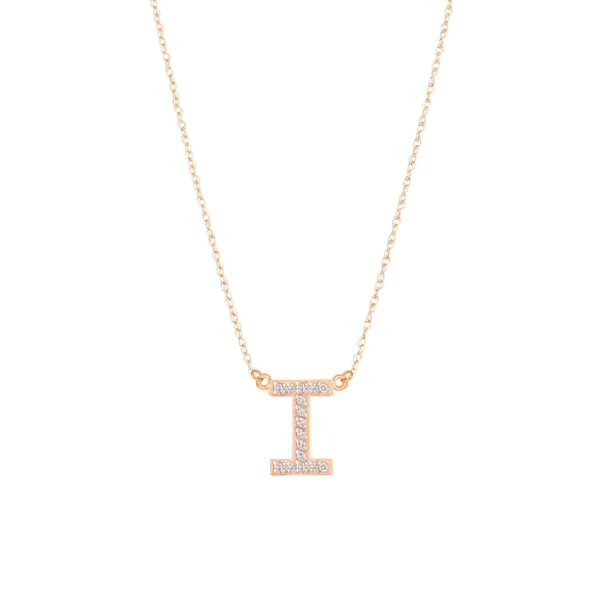 Letter I Diamond Embellished Initial Pendant Necklace in 9ct Rose Gold