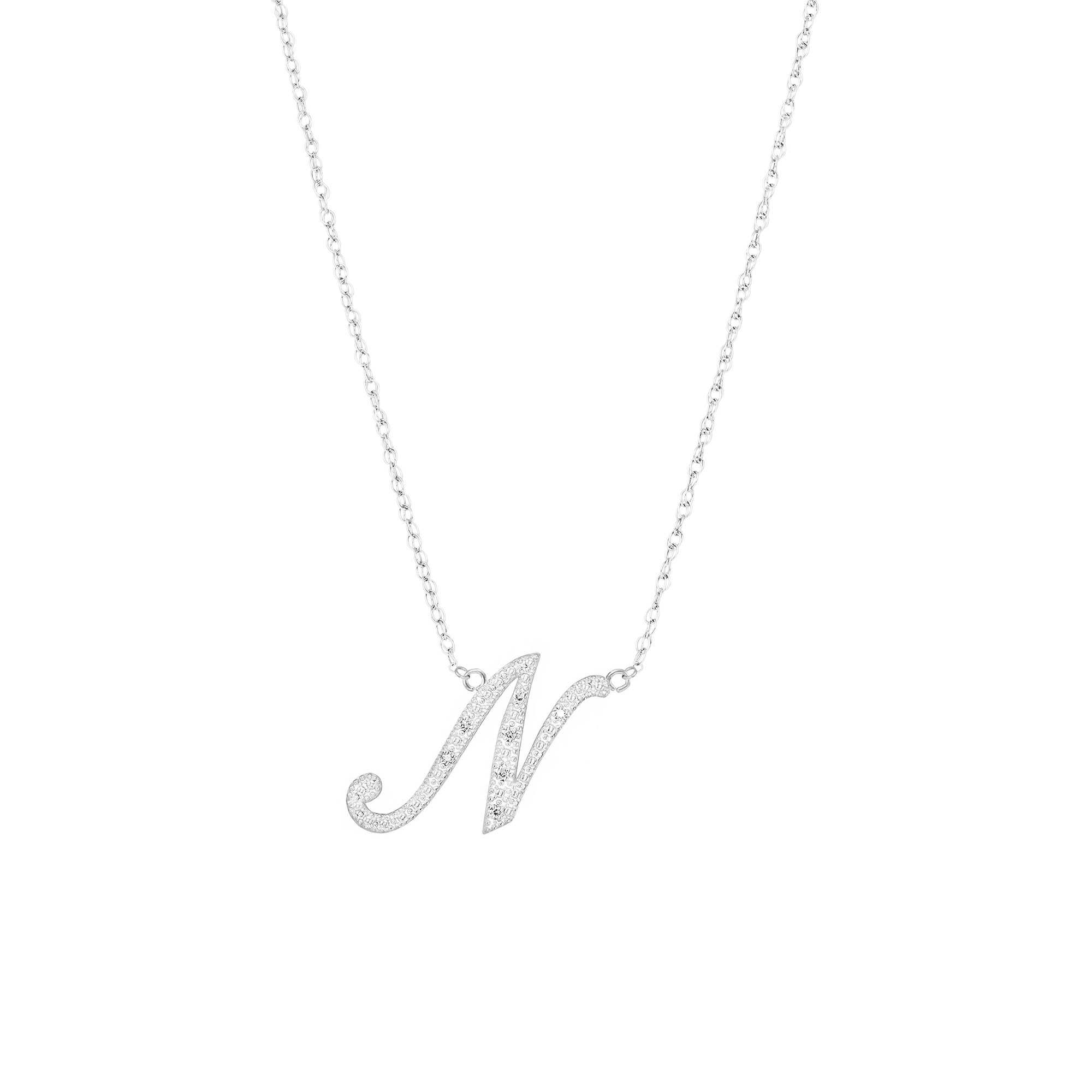 Letter N Diamond Script Pendant Necklace in 9ct White Gold