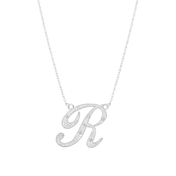 Letter R Diamond Script Pendant Necklace in 9ct White Gold