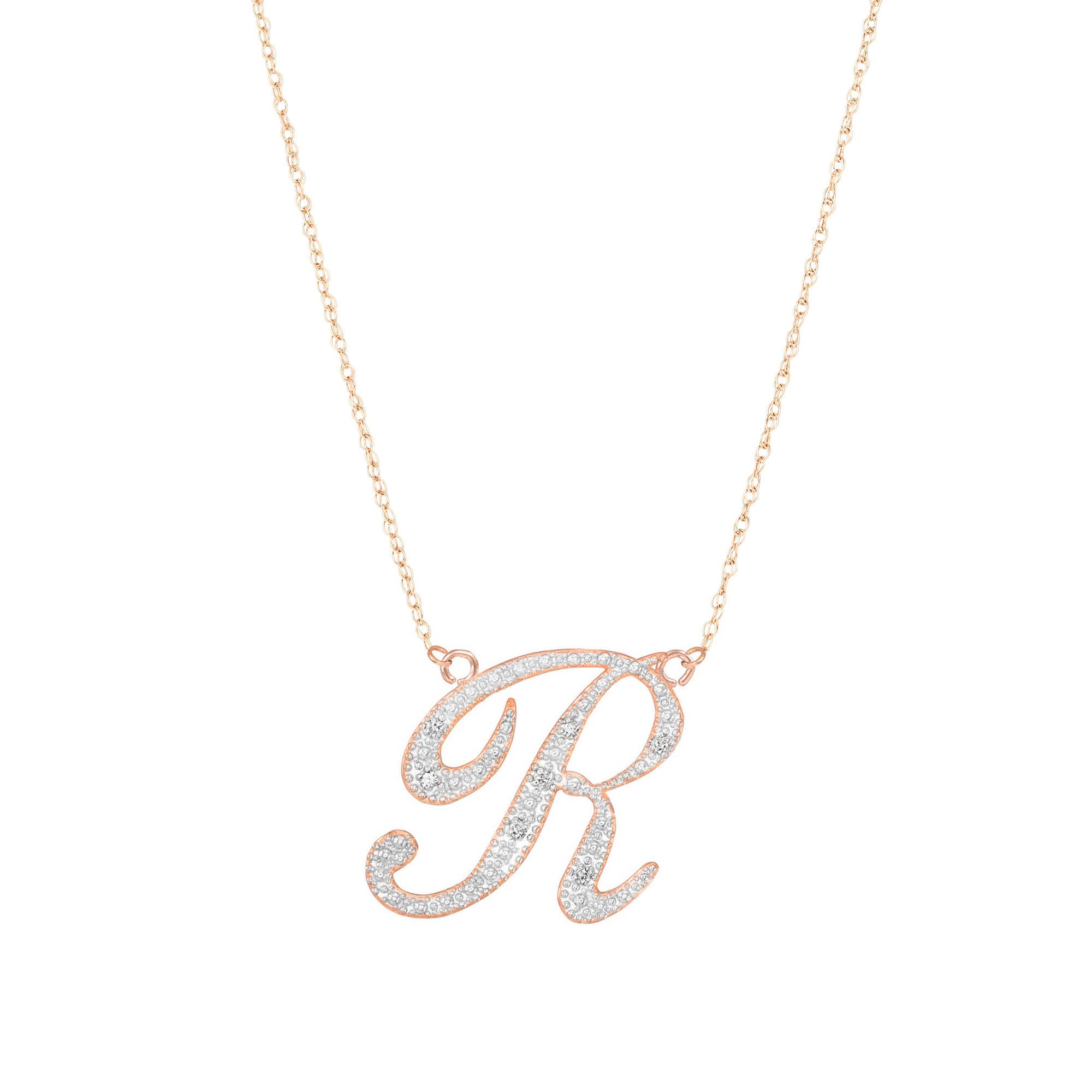 Letter R Diamond Script Pendant Necklace in 9ct Rose Gold