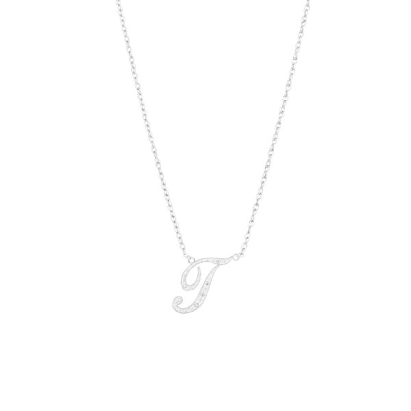 Letter T Diamond Script Pendant Necklace in 9ct White Gold