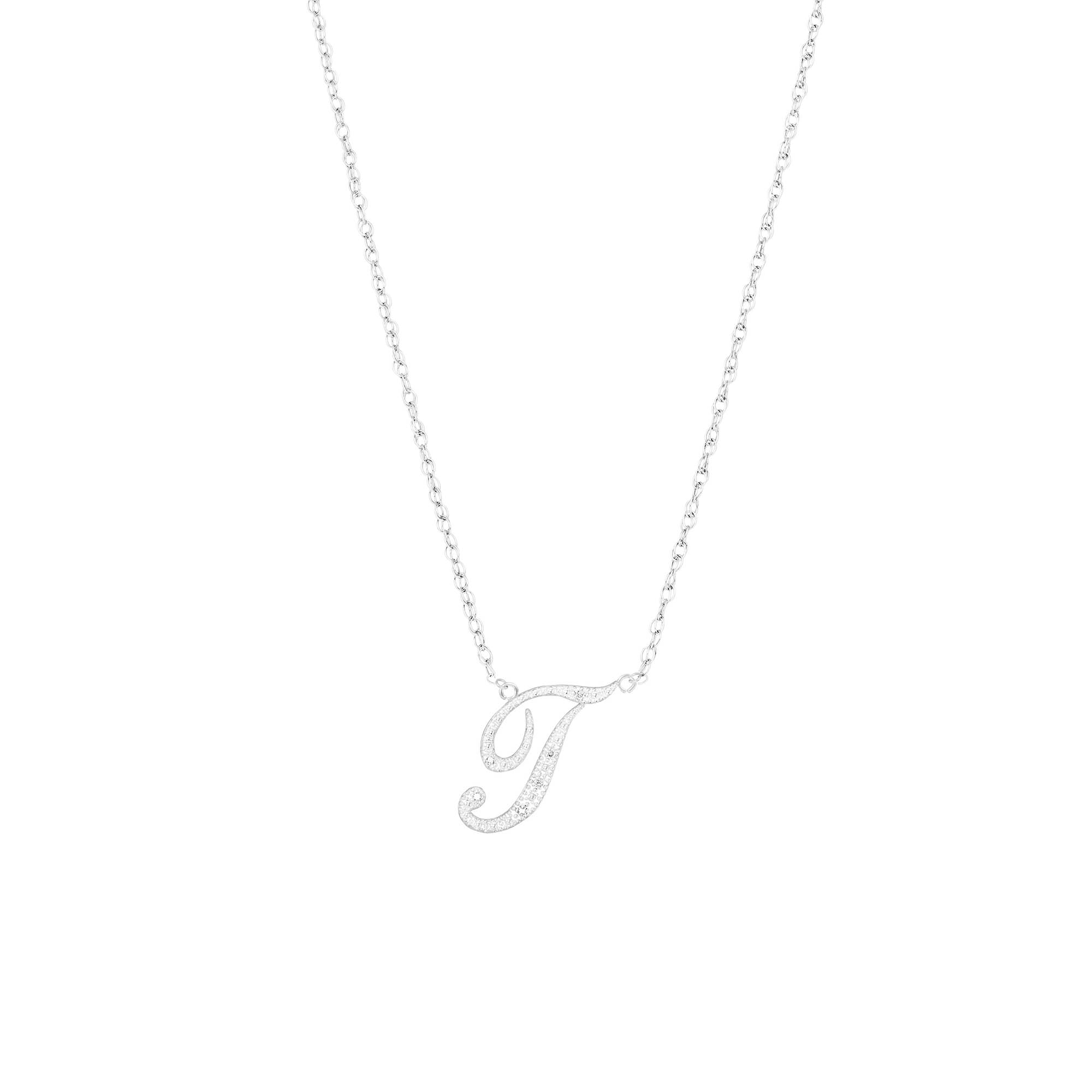 Letter T Diamond Script Pendant Necklace in 9ct White Gold