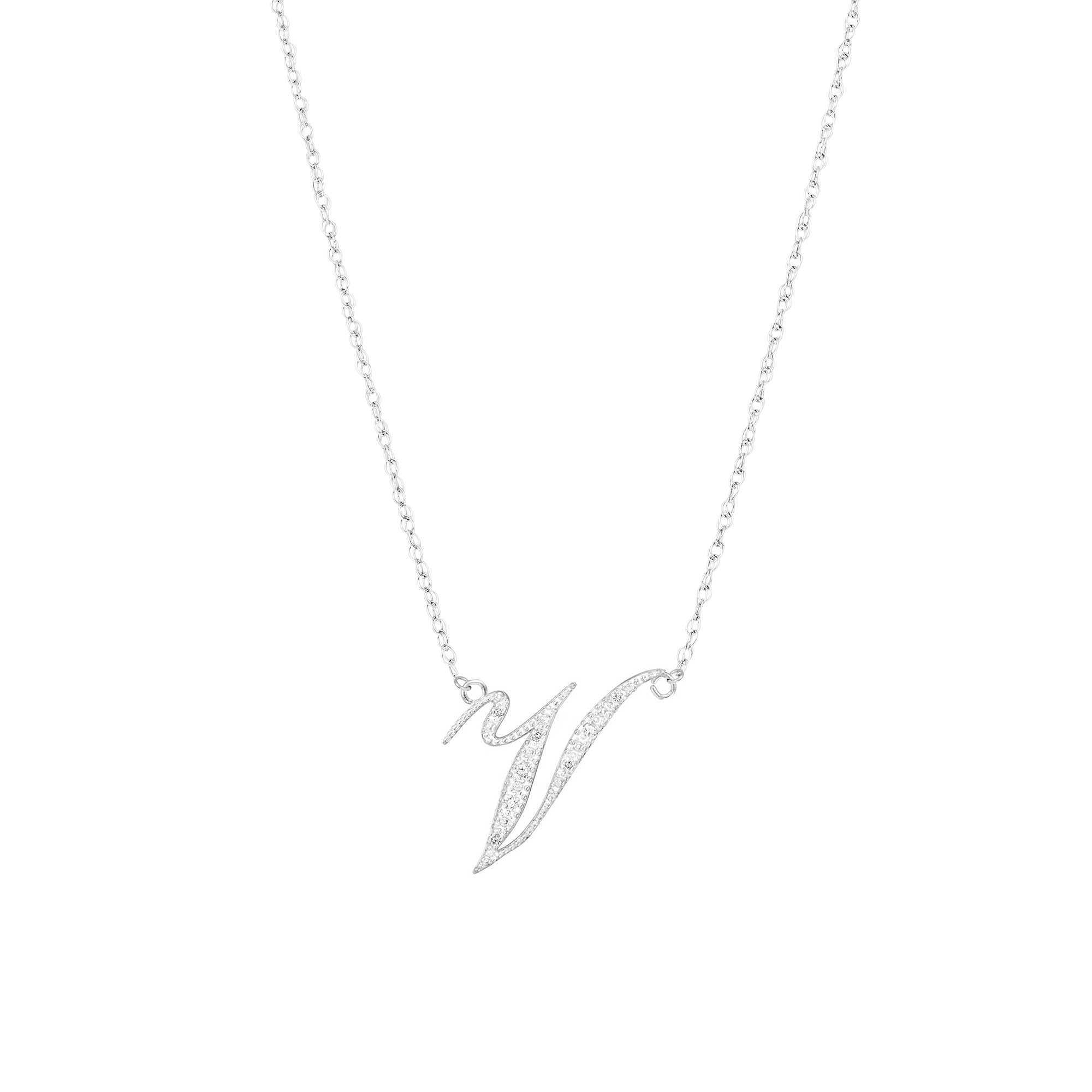 Letter V Diamond Script Pendant Necklace in 9ct White Gold