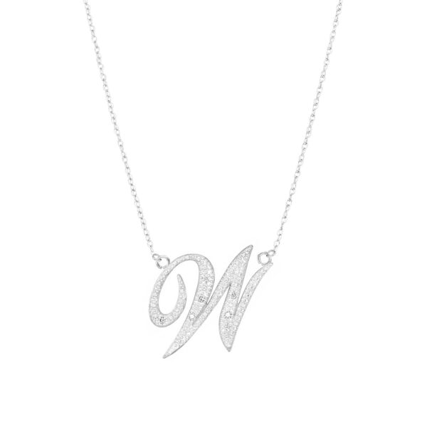 Letter W Diamond Script Pendant Necklace in 9ct White Gold
