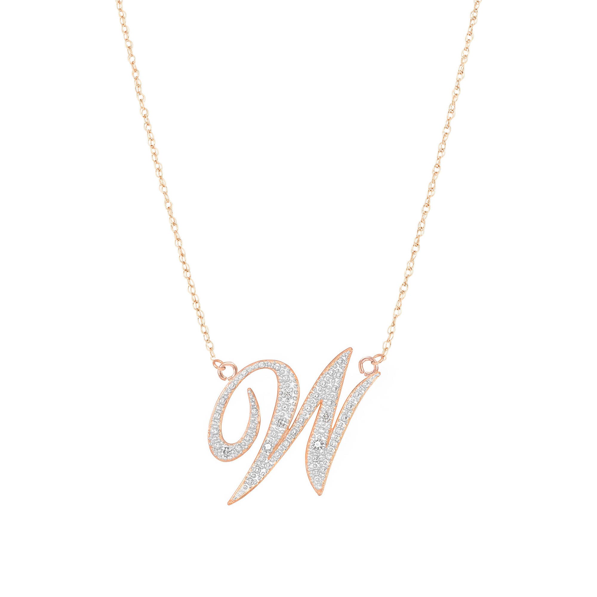 Letter W Diamond Script Pendant Necklace in 9ct Rose Gold