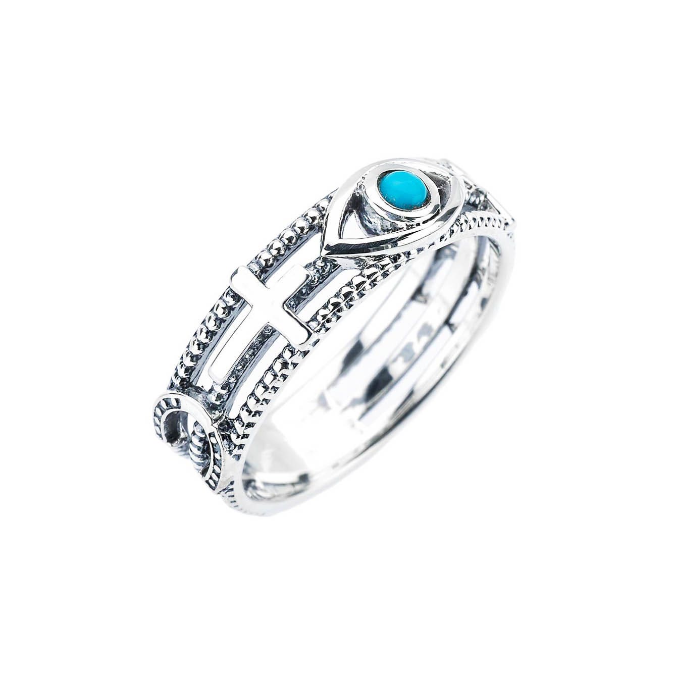 Turquoise Cross Evil Eye Ring in 9ct White Gold