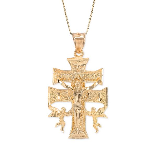 Men's Caravaca Double Angels Cross Pendant Necklace in 9ct Gold