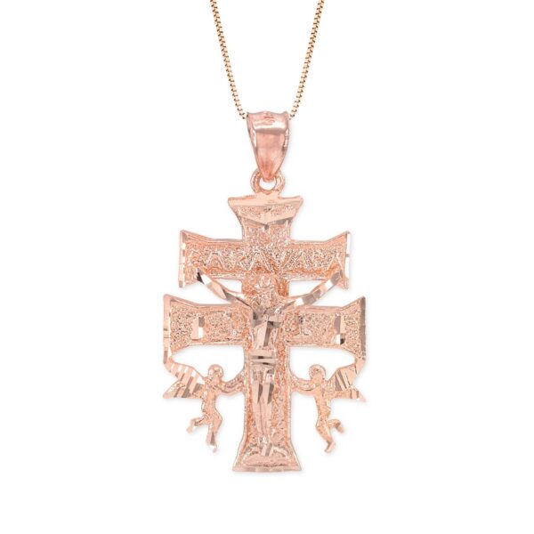 Caravaca Double Angels Cross Pendant Necklace in 9ct Rose Gold