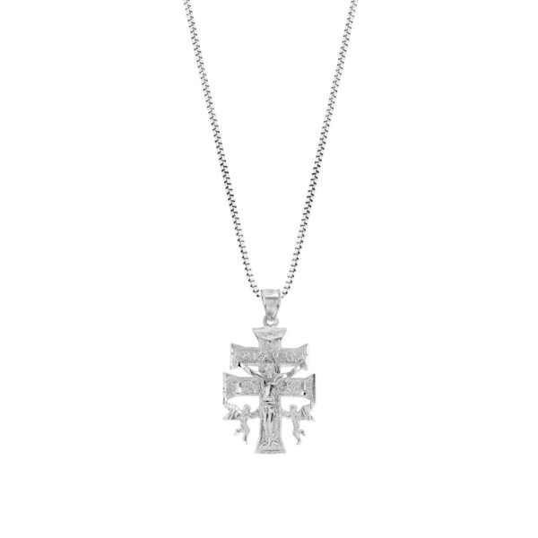 Men's Caravaca Double Angels Cross Pendant Necklace in 9ct White Gold