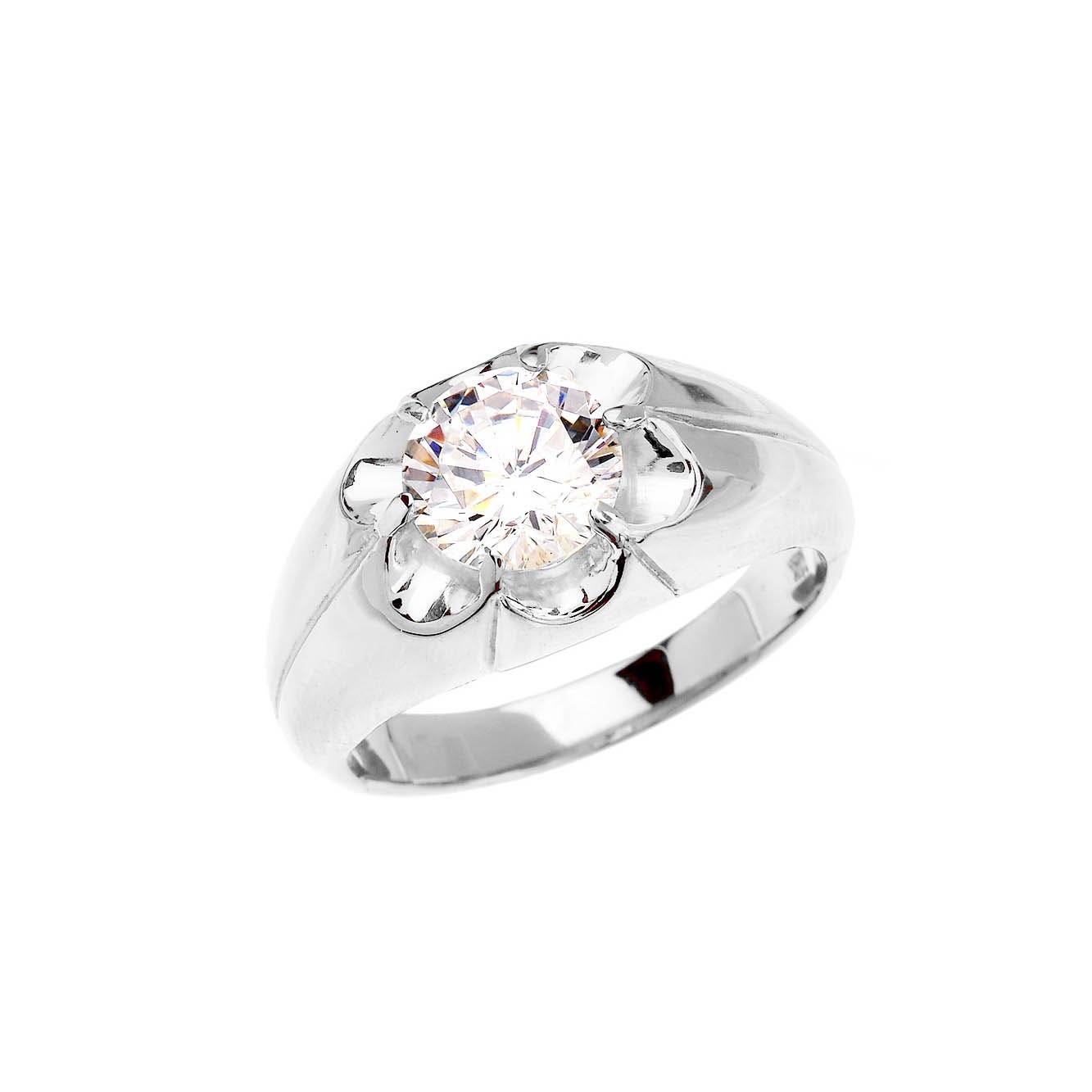 Men's CZ Hammered Solitaire Ring in 9ct White Gold