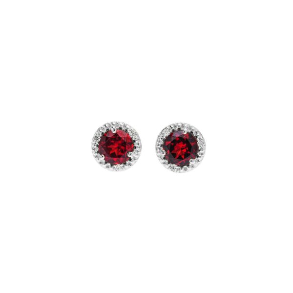 Garnet & Diamond Passion Halo Gemstone Stud Earrings in 9ct White Gold