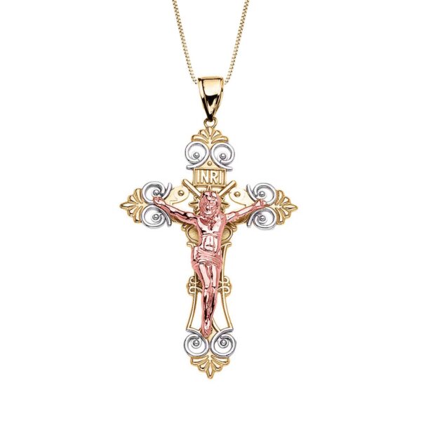 Men's Decorative Crucifix Pendant Necklace in 9ct Three-Tone Gold