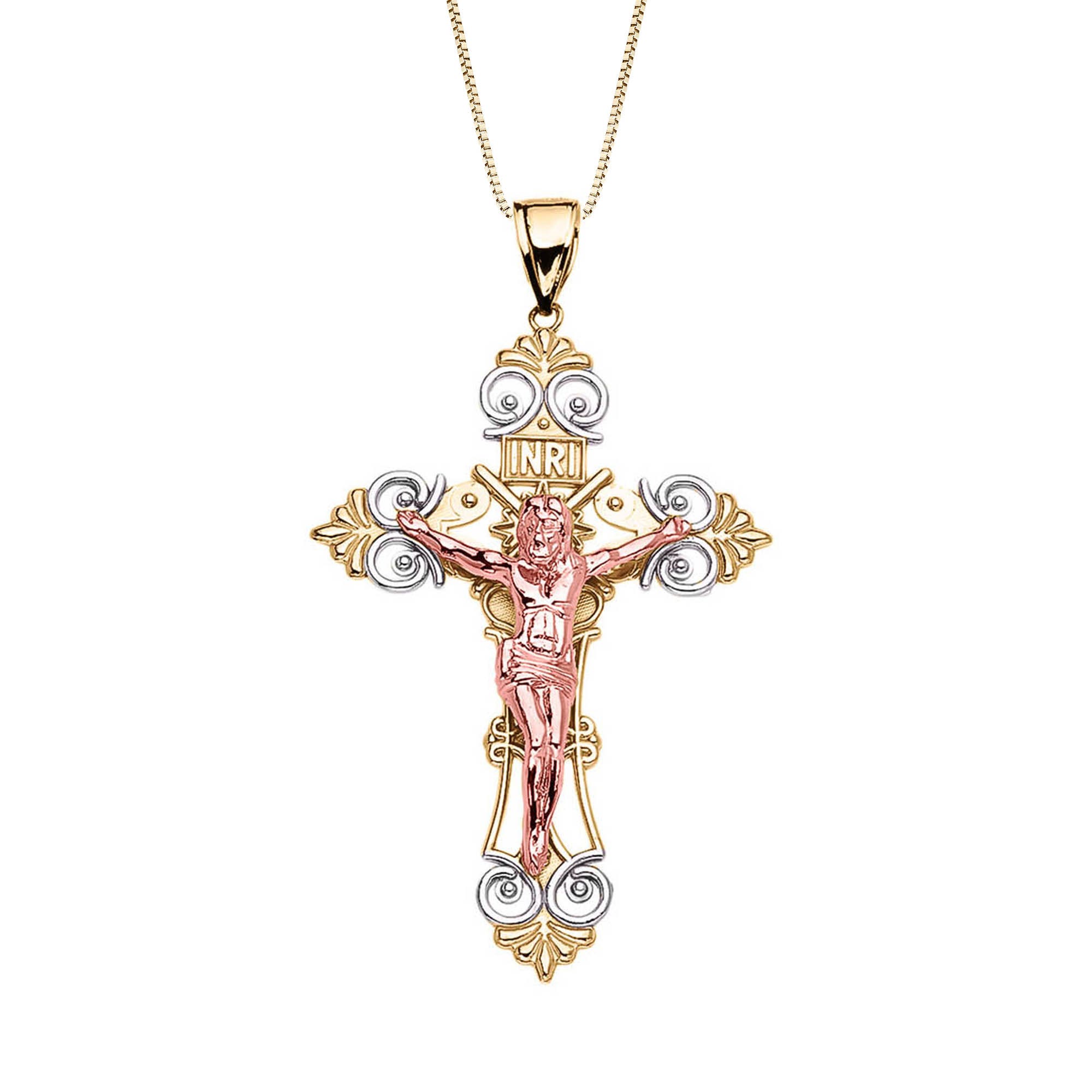 Men's Decorative Crucifix Pendant Necklace in 9ct Three-Tone Gold
