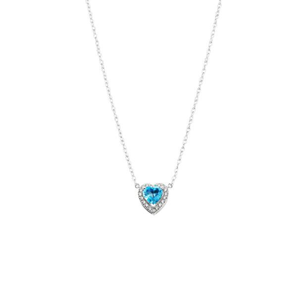 Blue CZ & Diamond Elegant Heart Gemstone Pendant Necklace in 9ct White Gold