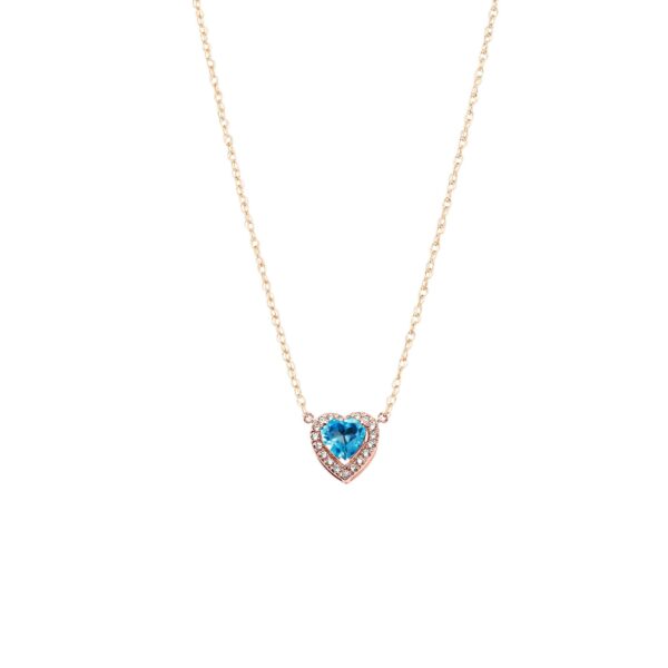 Blue CZ & Diamond Elegant Heart Gemstone Pendant Necklace in 9ct Rose Gold