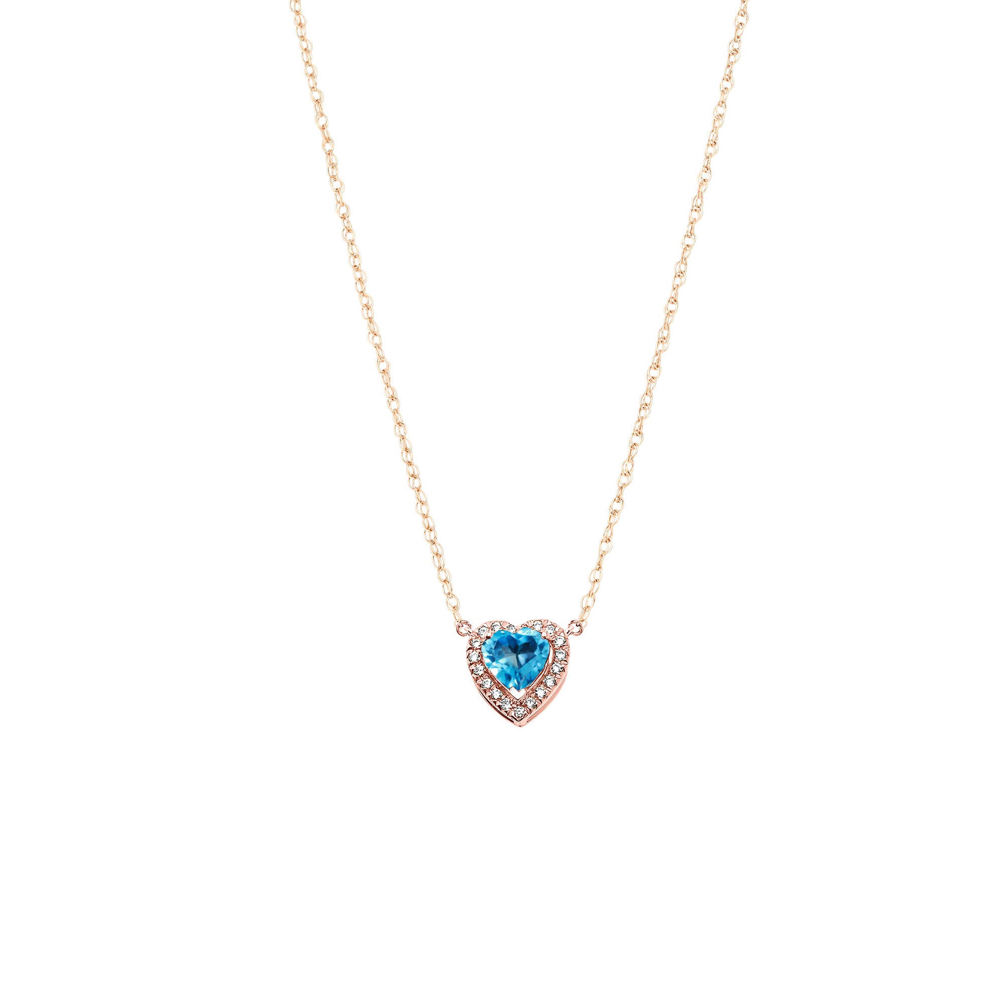 Blue CZ & Diamond Elegant Heart Gemstone Pendant Necklace in 9ct Rose Gold