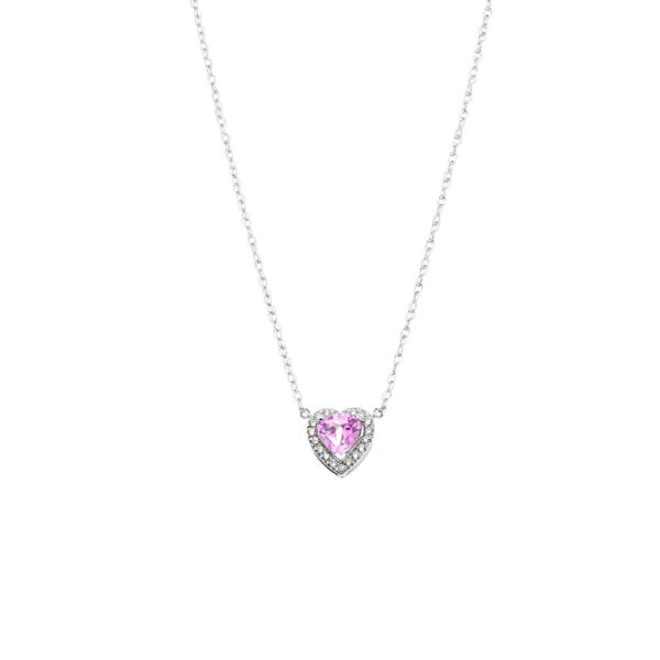 Pink CZ & Diamond Elegant Heart Gemstone Pendant Necklace in 9ct White Gold