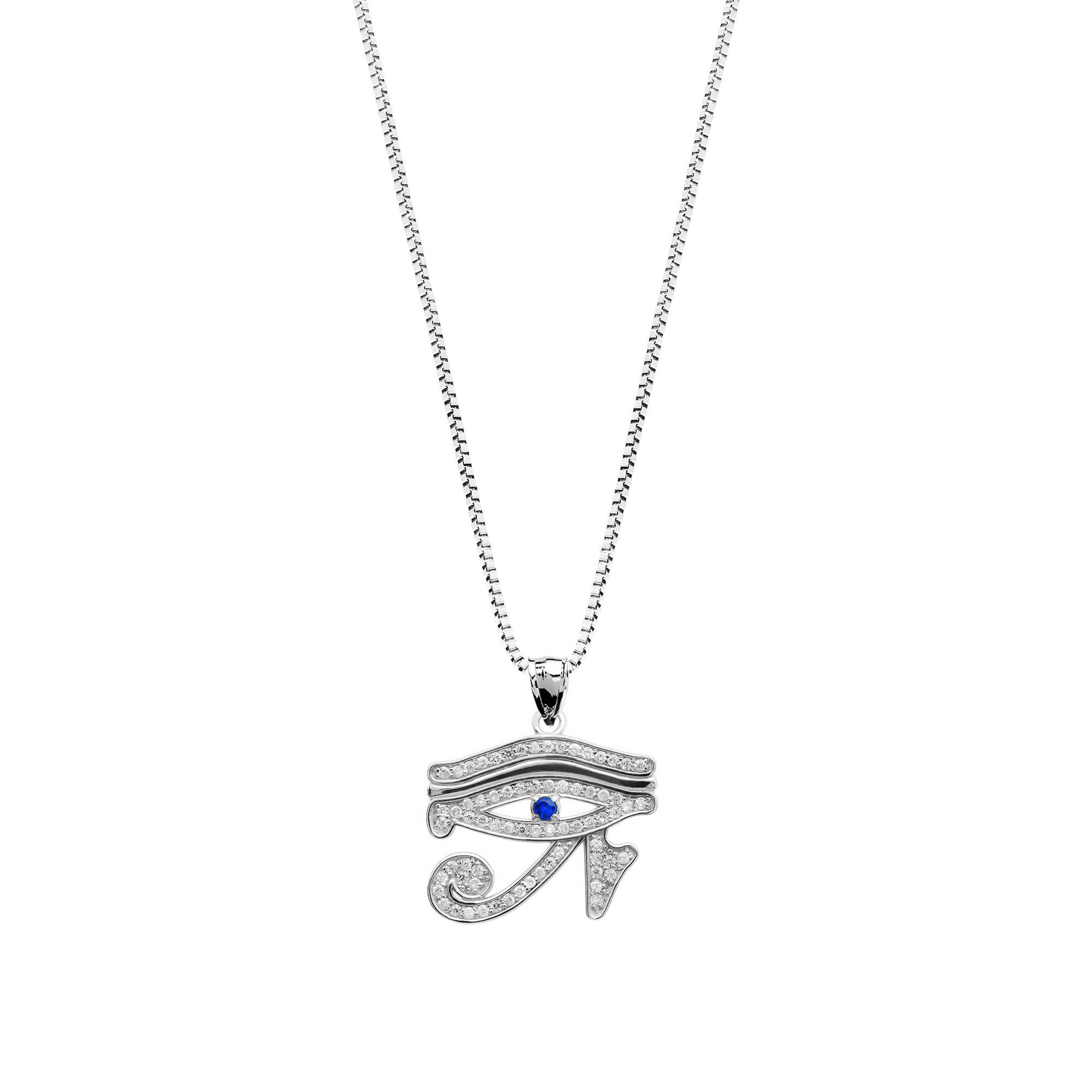 Sapphire & Diamond Eye of Horus Charm Pendant Necklace in 9ct White Gold