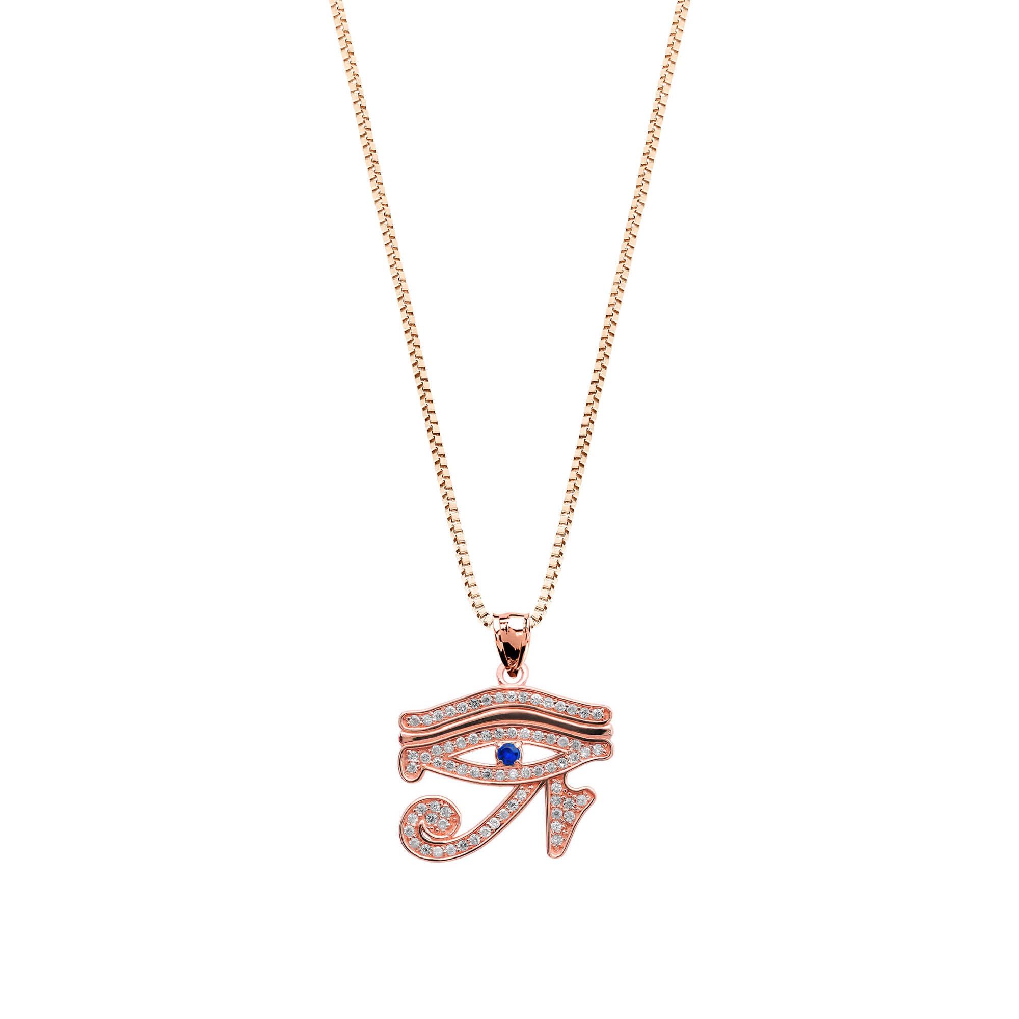 Sapphire & Diamond Eye of Horus Charm Pendant Necklace in 9ct Rose Gold