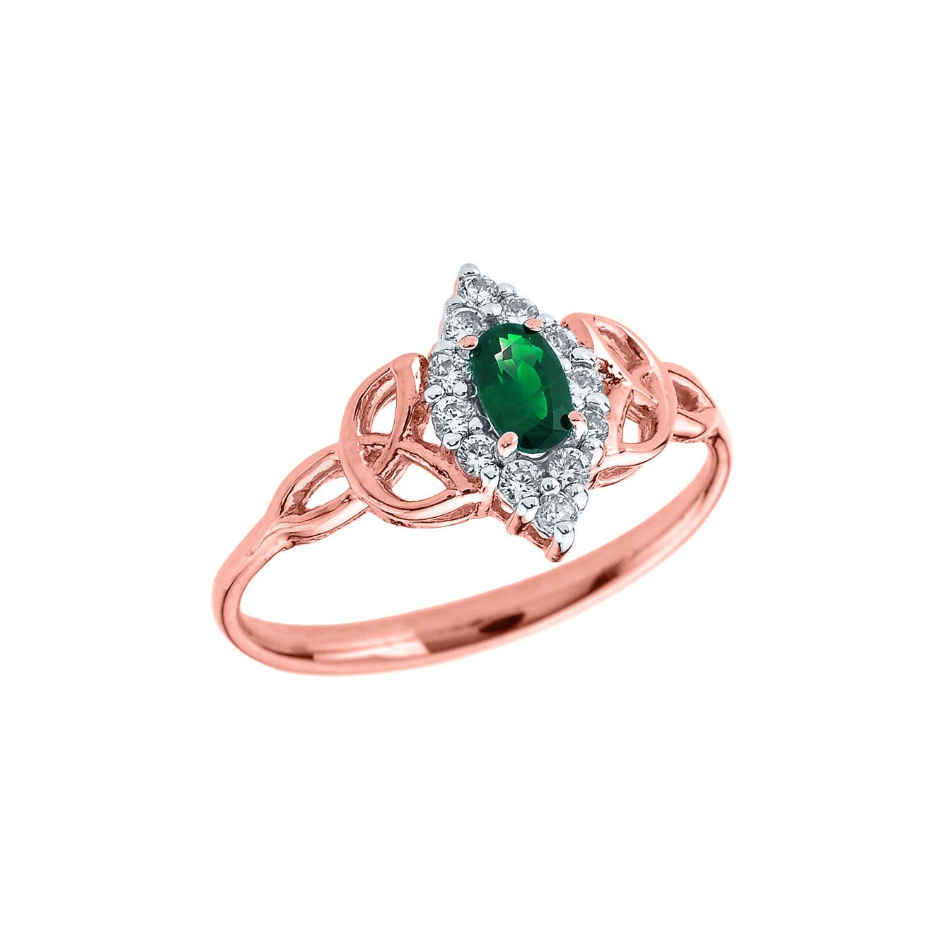 Emerald & Diamond Vintage Trinity Knot Gemstone Ring in 9ct Rose Gold
