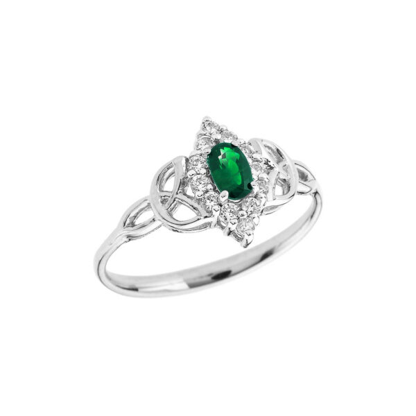 Emerald & Diamond Vintage Trinity Knot Gemstone Ring in 9ct White Gold