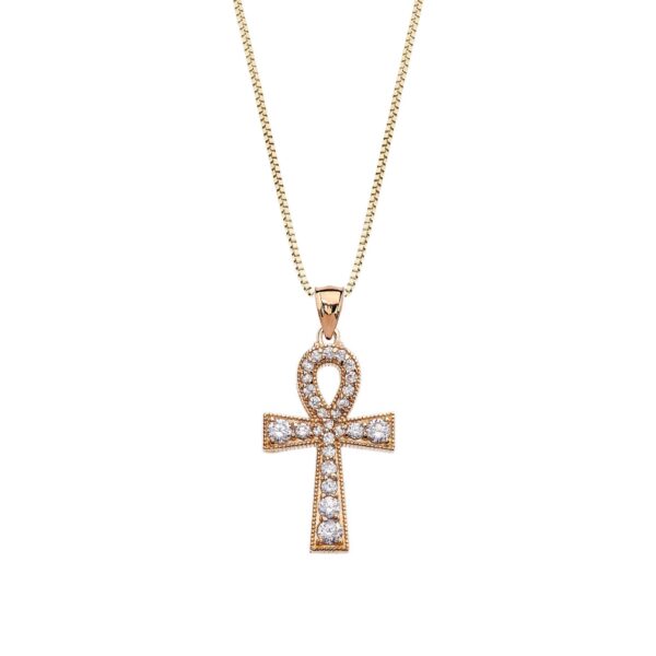 Diamond Embellished Ankh Cross Pendant Necklace in 9ct Gold