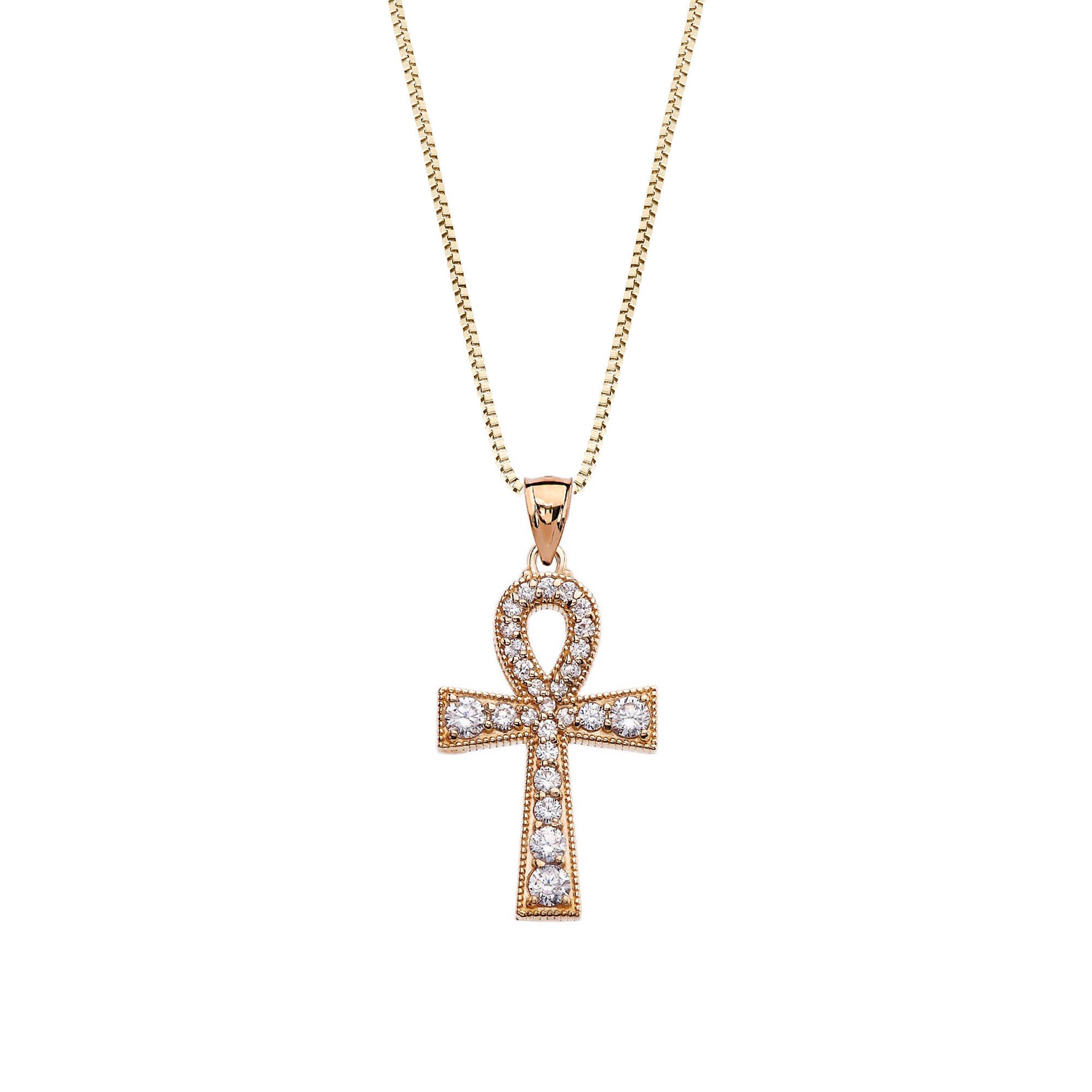 Diamond Embellished Ankh Cross Pendant Necklace in 9ct Gold