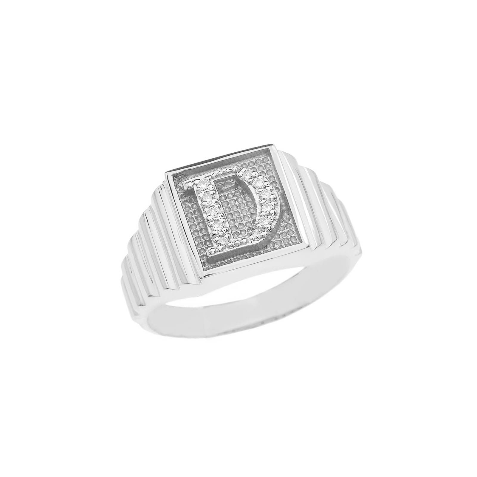 Men's Letter D Diamond Stamped Initial Ring in 9ct White Gold