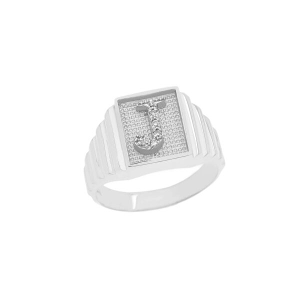 Men's Letter J Diamond Stamped Initial Ring in 9ct White Gold