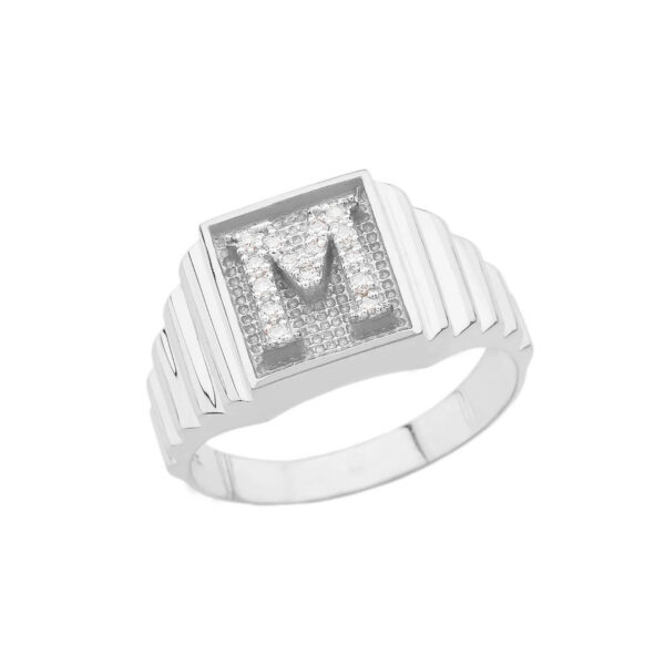 Men's Letter M Diamond Stamped Initial Ring in 9ct White Gold