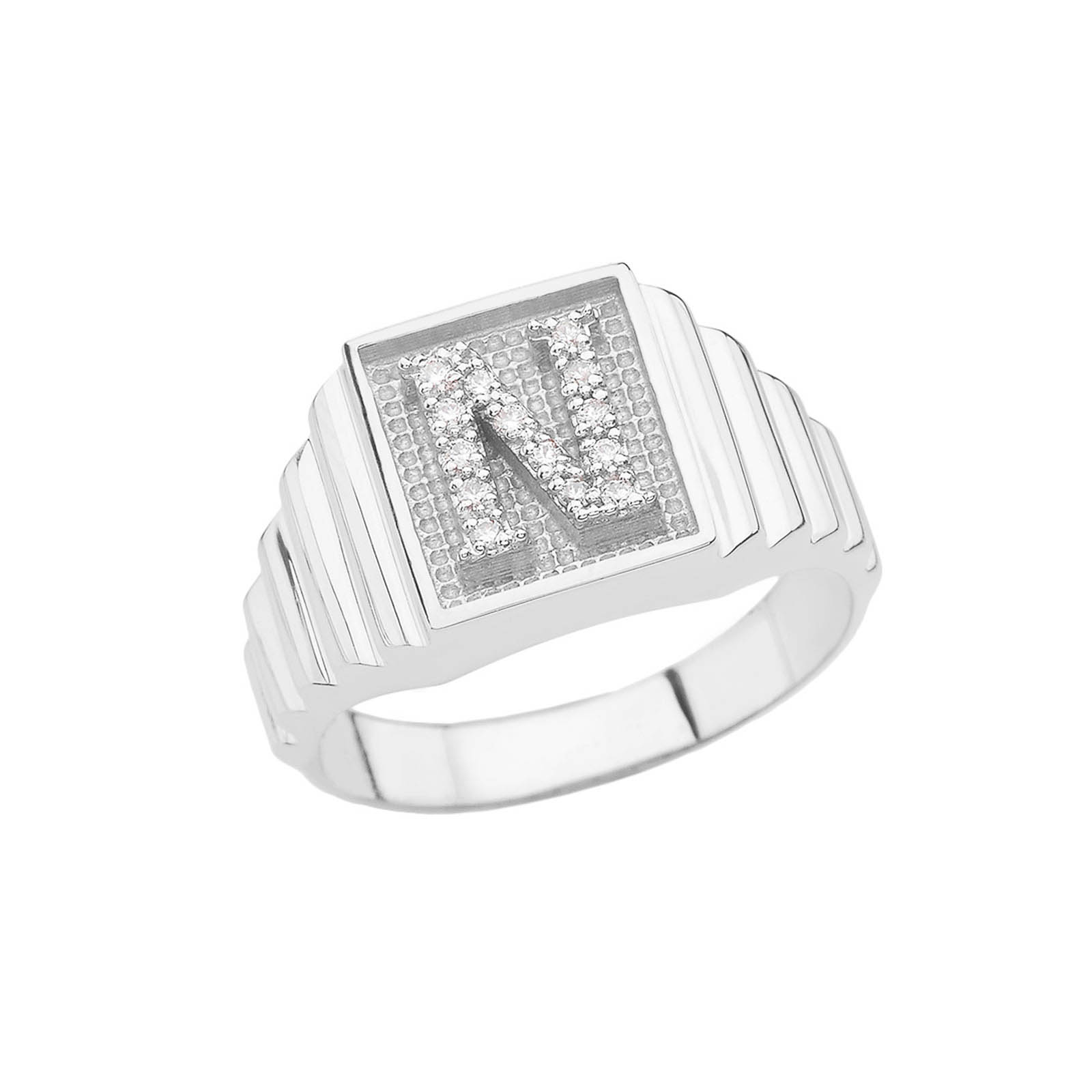 Men's Letter N Diamond Ring in 9ct White Gold