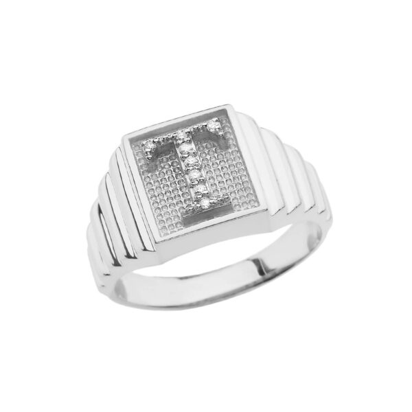 Men's Letter T Diamond Stamped Initial Ring in 9ct White Gold