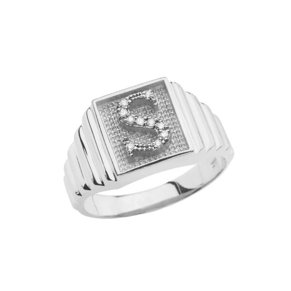 Men's Letter S Diamond Stamped Initial Ring in 9ct White Gold