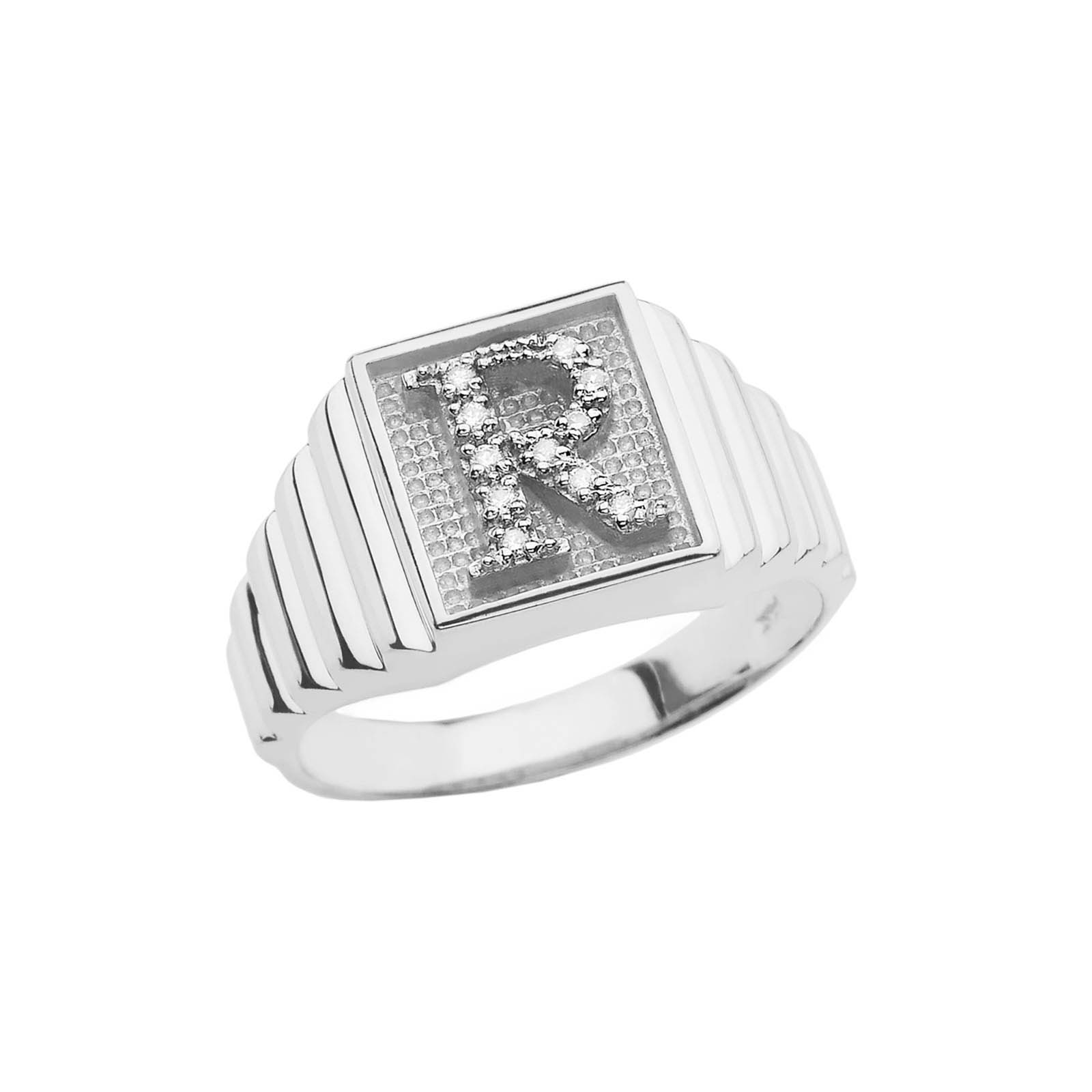 Men's Letter R Diamond Ring in 9ct White Gold