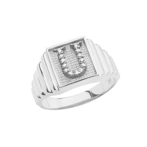 Men's Letter U Diamond Stamped Initial Ring in 9ct White Gold