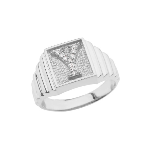 Men's Letter Y Diamond Stamped Initial Ring in 9ct White Gold