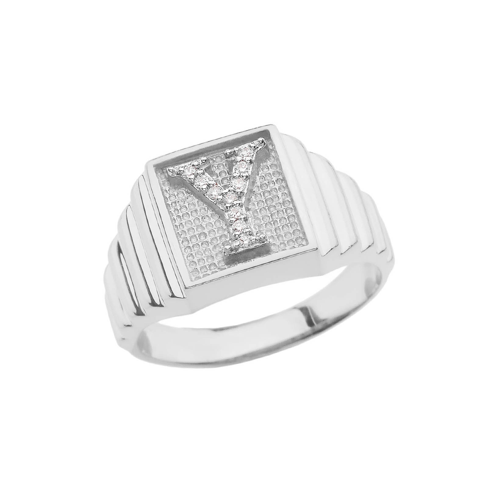 Men's Letter Y Diamond Stamped Initial Ring in 9ct White Gold