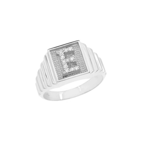 Men's Letter E Diamond Stamped Initial Ring in 9ct White Gold