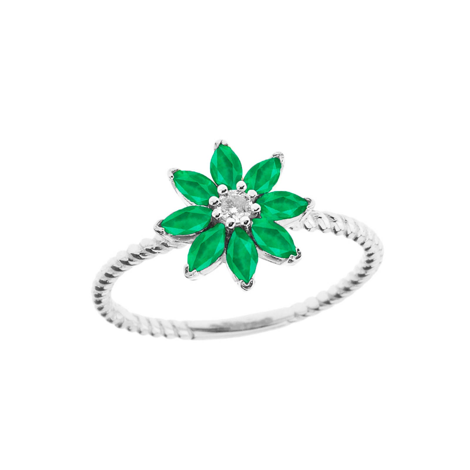 Emerald Charming Daisy Gemstone Ring in 9ct White Gold