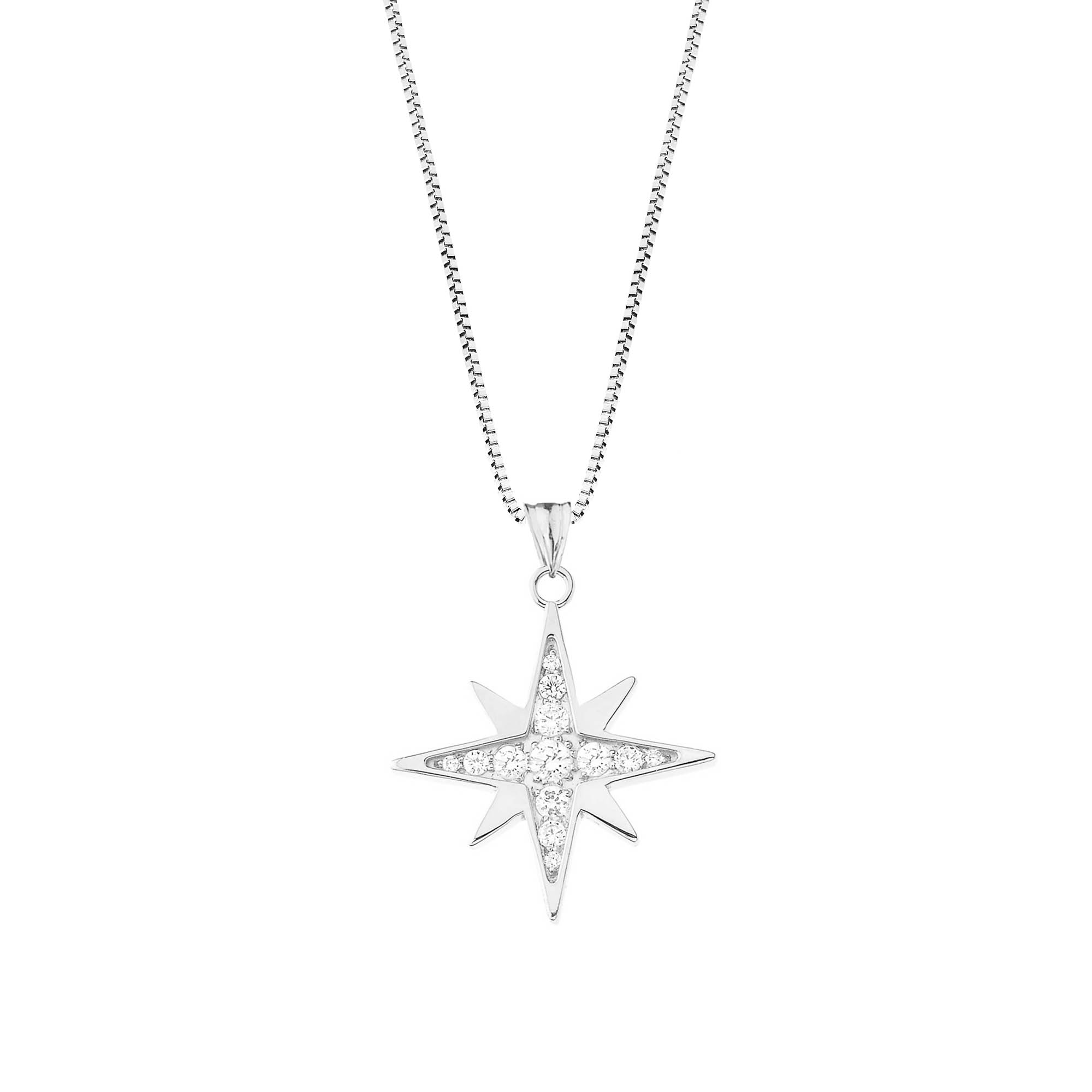 Diamond Embellished North Star Pendant Necklace in 9ct White Gold