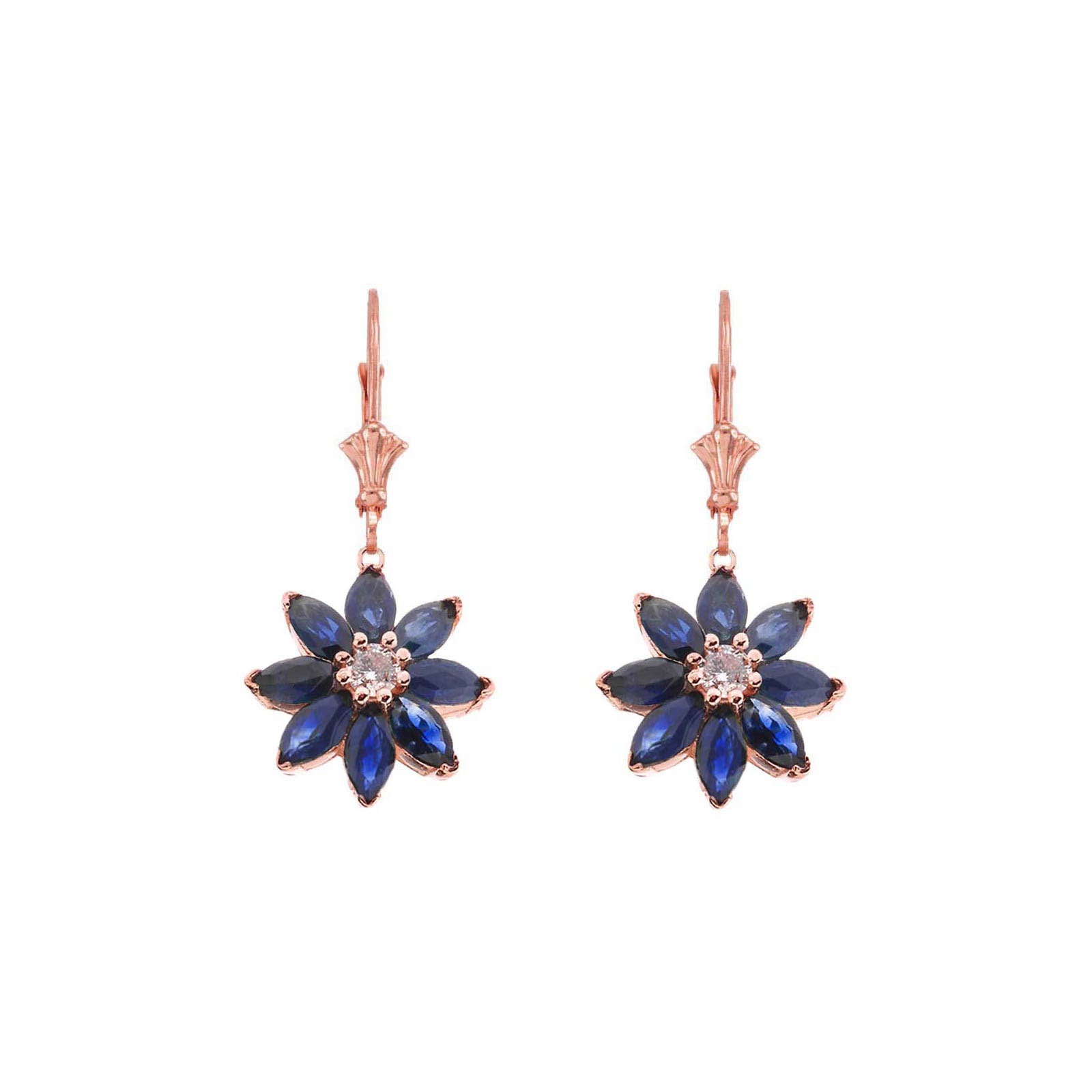 Sapphire & Diamond Charming Daisy Gemstone Drop Earrings in 9ct Rose Gold