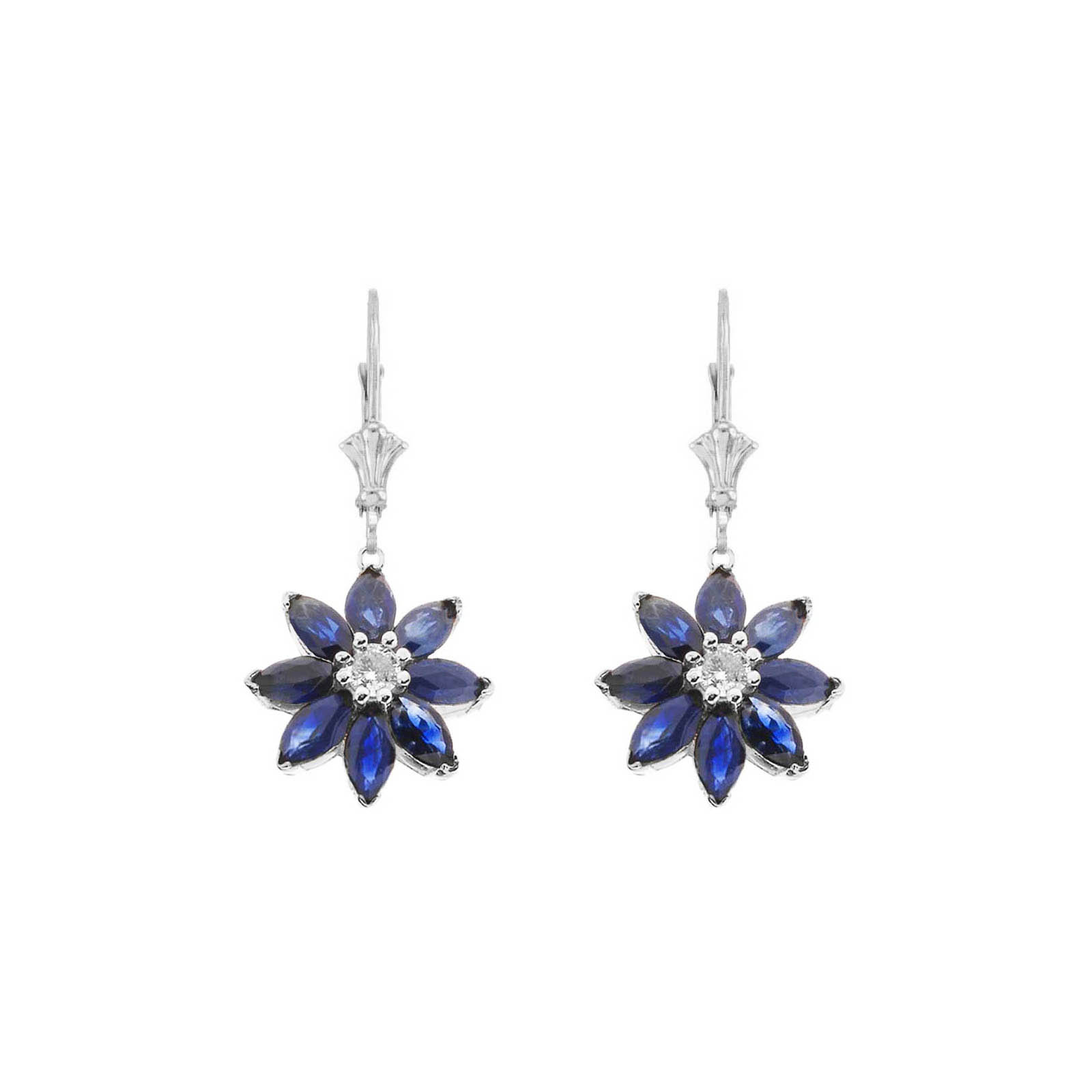 Sapphire & Diamond Charming Daisy Gemstone Drop Earrings in 9ct White Gold