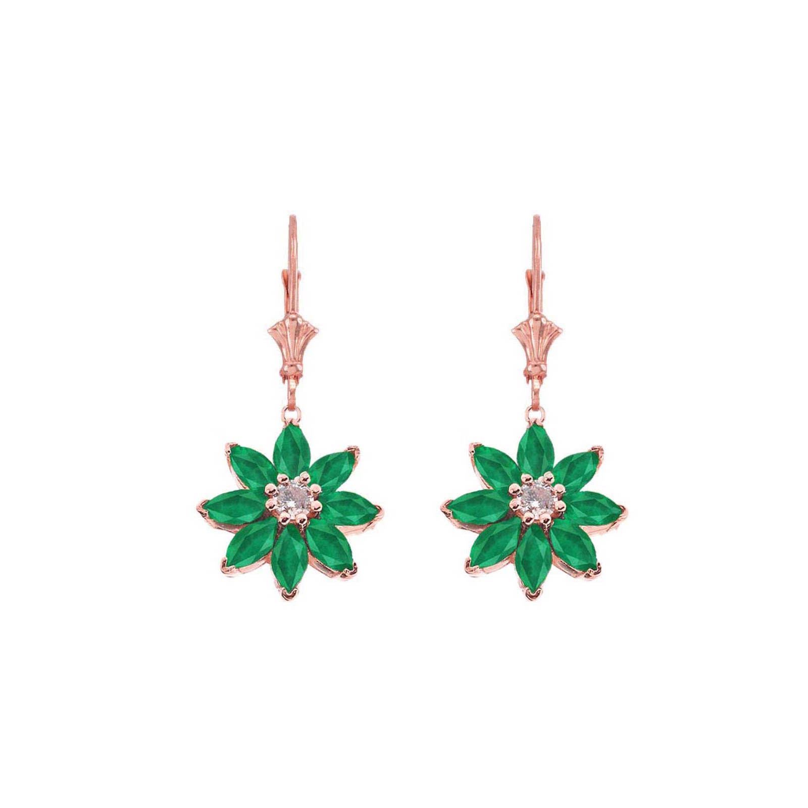 Emerald & Diamond Charming Daisy Gemstone Drop Earrings in 9ct Rose Gold