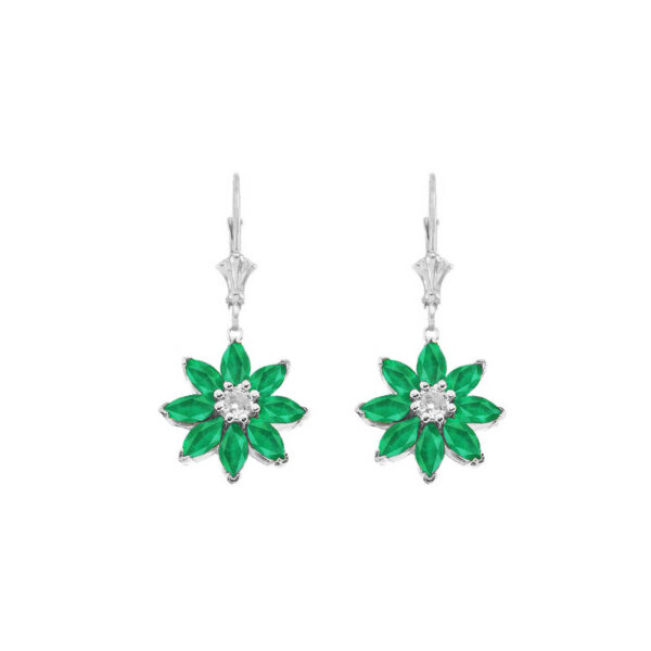 Emerald & Diamond Charming Daisy Gemstone Drop Earrings in 9ct White Gold