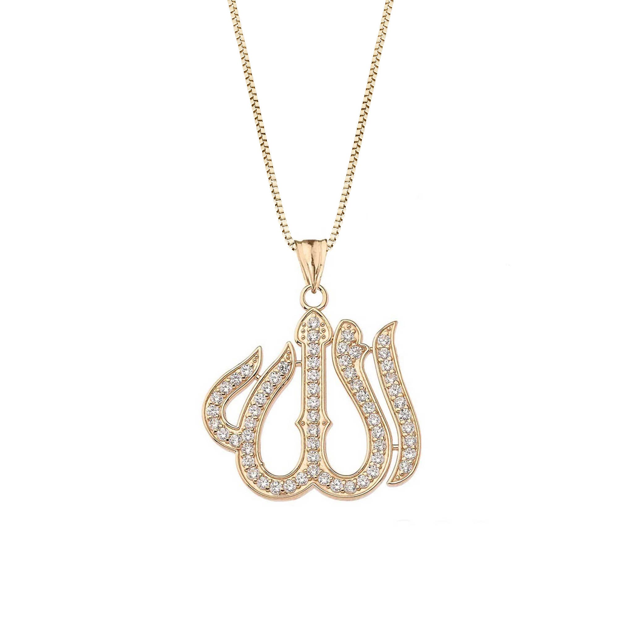 CZ Embellished Allah Script Pendant Necklace in 9ct Three-Tone Gold