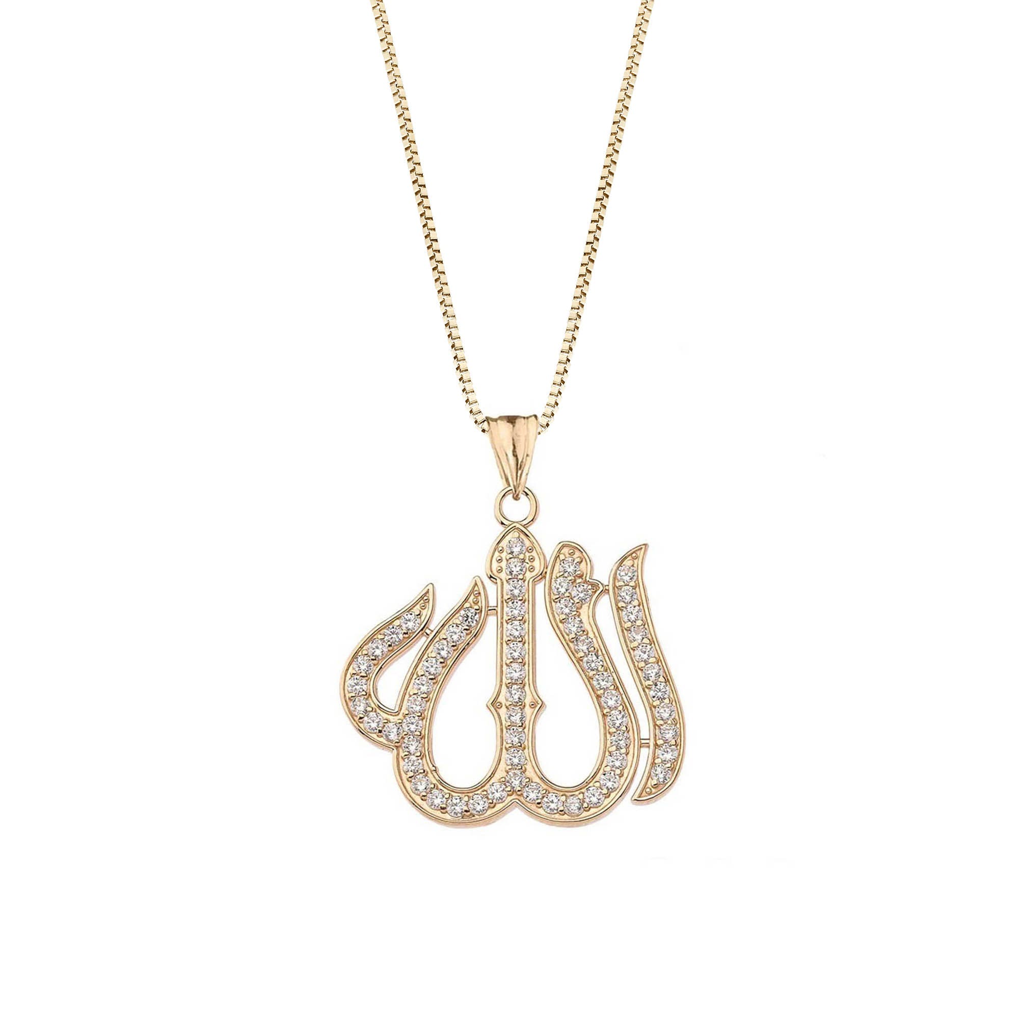 Diamond Embellished Allah Script Pendant Necklace in 9ct Three-Tone Gold
