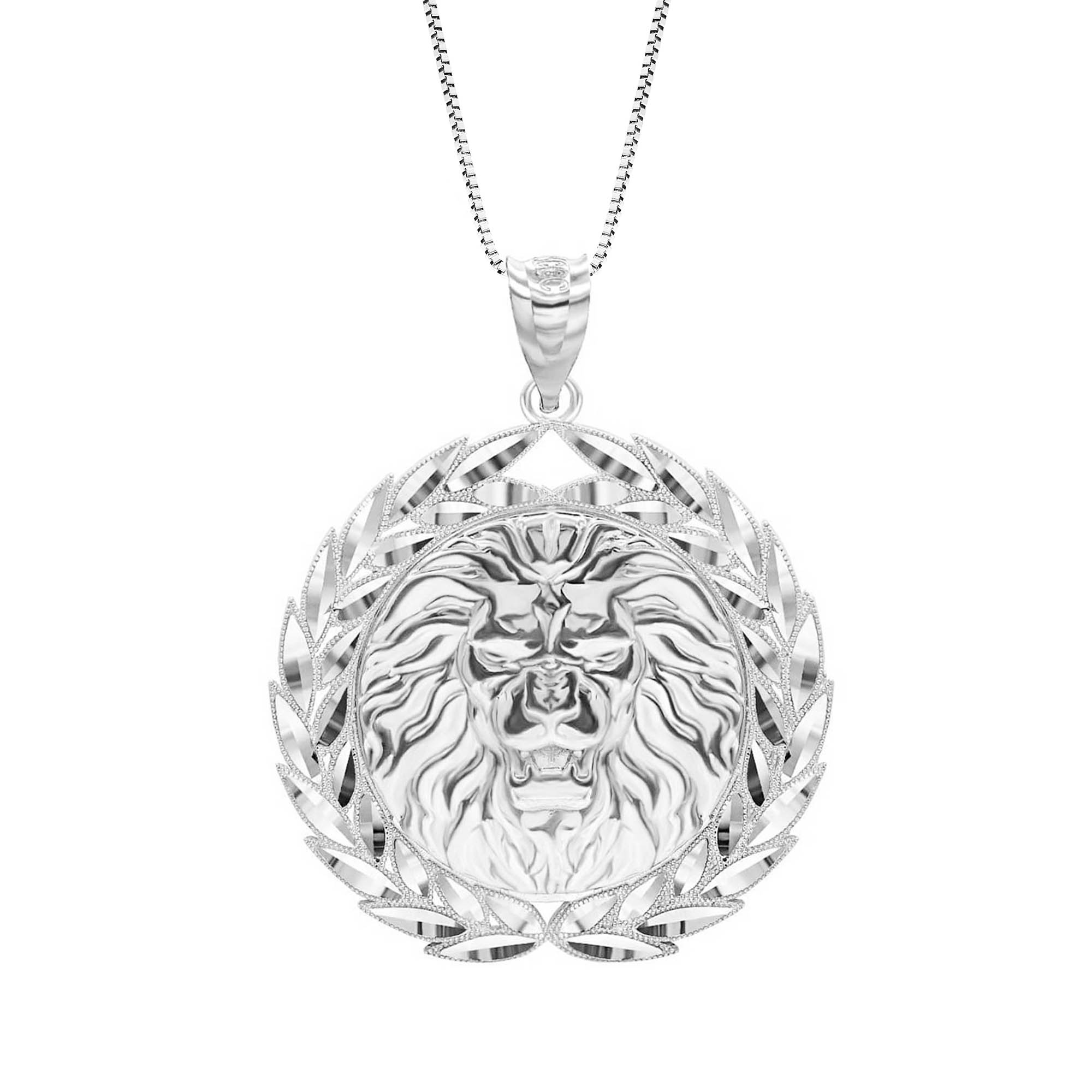 Men's Ornate Lion Head Medallion Pendant Necklace in 9ct White Gold