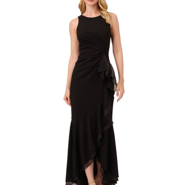 Adrianna Papell Women's Ruffle Crepe Halter Gown in Black | Size: 12
