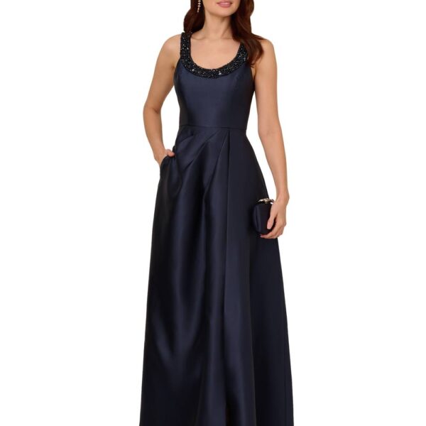 Adrianna Papell Women's Beaded Mikado Gown in Navy | Size: 12